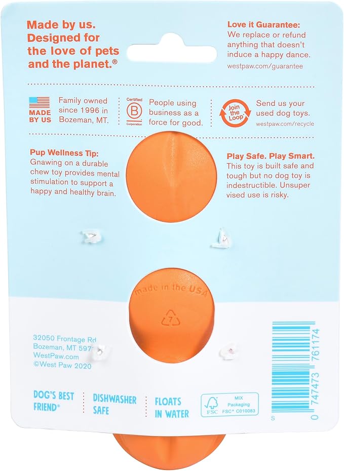 WEST PAW Zogoflex Rumpus Dog Chew Toy – Floatable Toy for Dogs, Aggressive Chewers – Puppy Chewing Toys for Catch, Fetch – Recyclable, Dishwasher-Safe, Medium 6.25", Tangerine