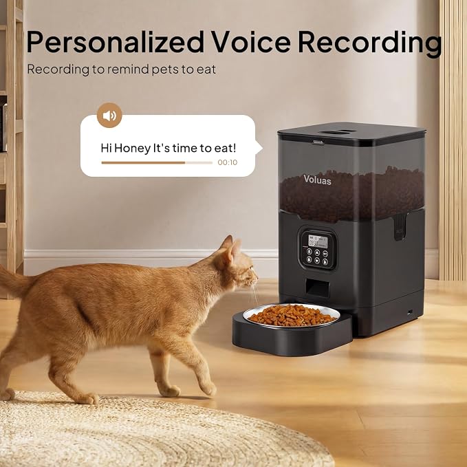 VOLUAS Cat Dry Food Dispenser with Timer, Automatic Cat Feeders with Desiccant Bag, Programmable Portion Size Control 4 Meals Per Day, 10s Voice Recorder