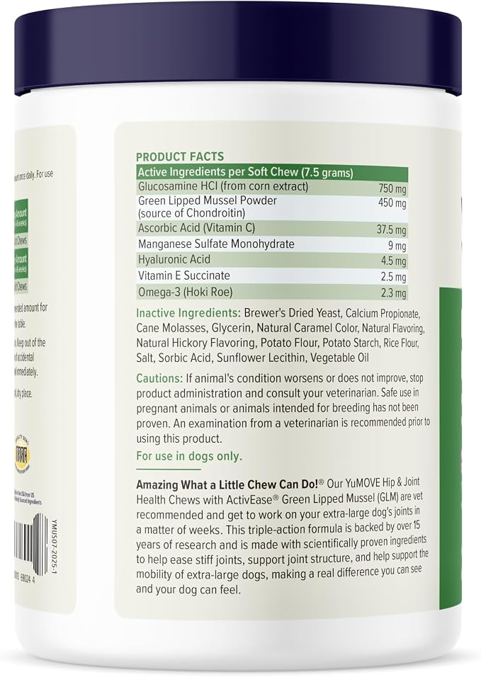 YuMOVE Large Dog Hip & Joint Supplement Soft Chews, Green Lipped Mussel
