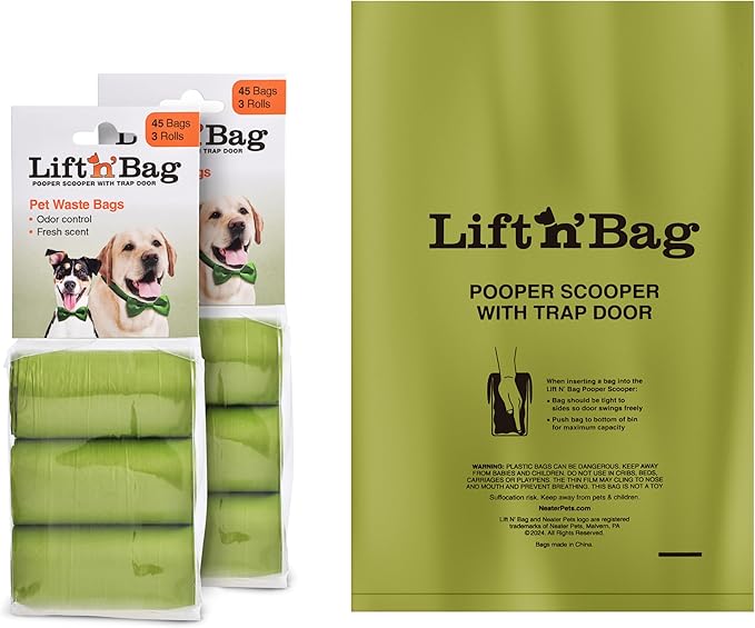 Neater Pets Lift N’ Bag Extra-Capacity Dog Poop Bags Rolls, 20% Thicker Leakproof Poop Bags for Dogs, Extra-Large Dog Pooper Scooper Refill Bags, 6 Rolls - 90 Count, Lavender Scent, 14.25” x 9.5”