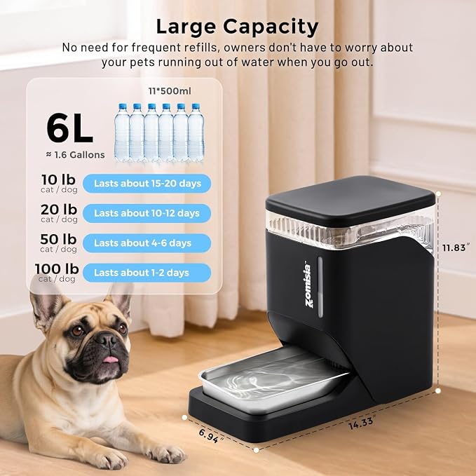 ZOMISIA Gravity Cat Water Dispenser 6L with Stainless Steel Bowl, Automatic Water Bowl Dispenser for Cats, 1.6 Gallon Pet Waterer 100% BPA Free, Black