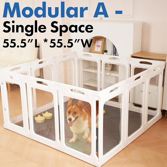 12 Panels Clear Dog Playpen, Modular 2 Room & Toilet Area, Height 30", Ideal for Small & Toy Dogs, White