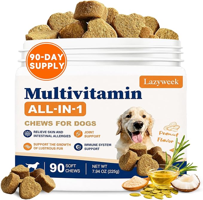 All-in-1 Dog Multivitamin Chewable Supplements & Vitamins with Glucosamine, Probiotics, Omega-3 for Itchy Skin, Hip Joint, Gut, Immune Support,Puppy & Senior – 90 Chews
