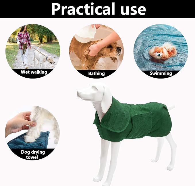 Geyecete Dog Drying Coat - Dog Bathrobe Towel - Microfibre Fast Drying Super Absorbent Pet Cat Bath Robe Towel, Luxuriously Soft Green XL