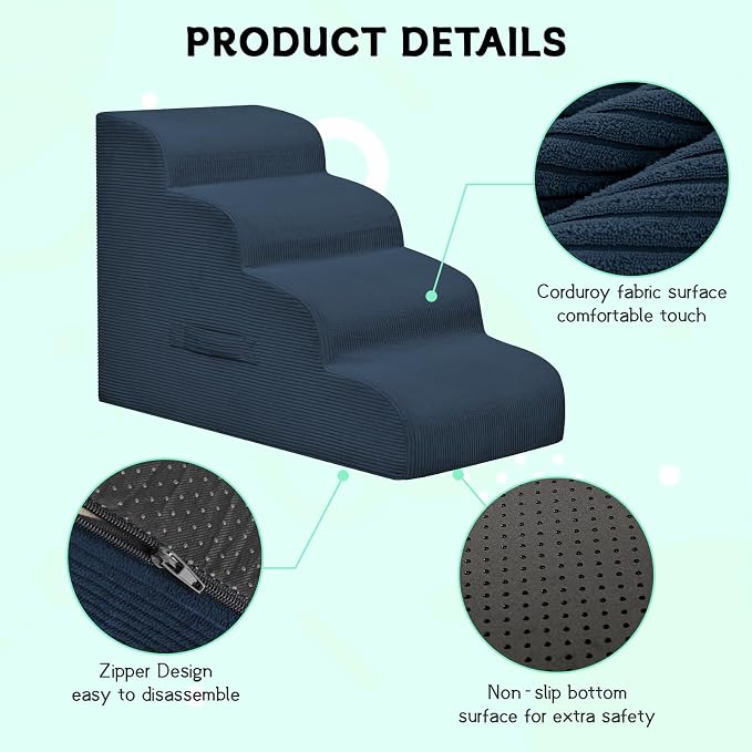 Mesa Lemon Dog Steps for Small Dogs, 4-Step Pet Ramp Stairs for High Beds and Sofa, Non-Slip Pet Stairs for Small Dogs and Cats, Removable and Easy to Clean Cover, Navy