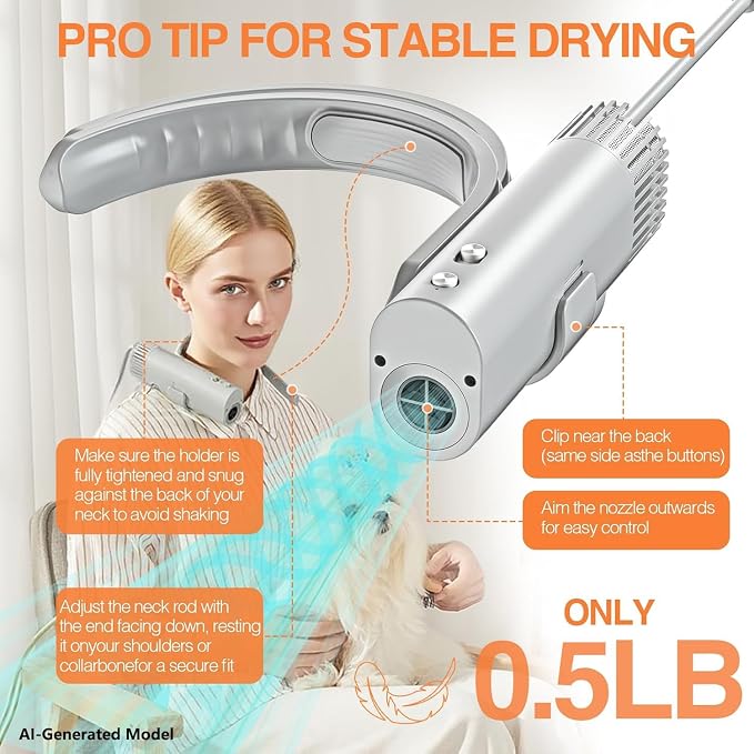 Hands-Free Dog Dryer for Pet Grooming | Neck Dog Dryer, 110,000 RPM High Velocity Pet Hair Blow Dryer, 1400W Wearable Design, 2 Speeds 4 Heat Settings, Home & Salon