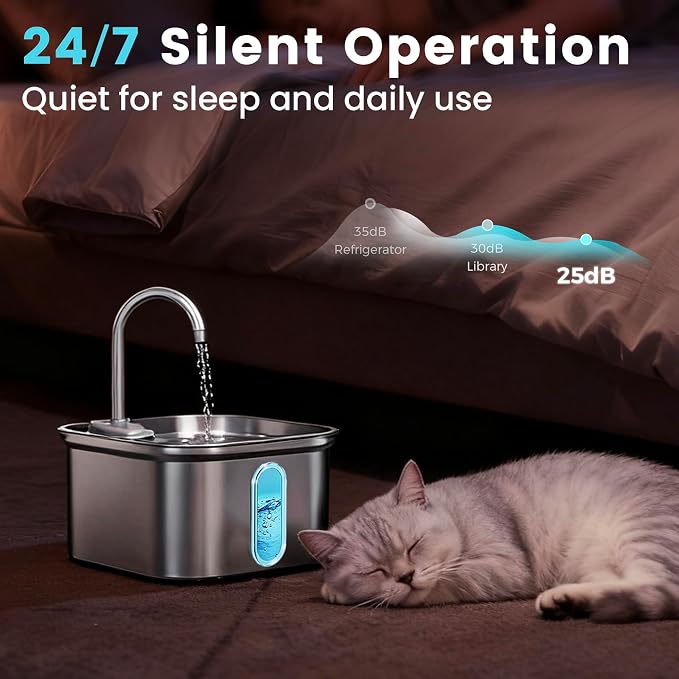 Cat Water Fountain Stainless Steel, 108oz/3.2L Quiet Automatic Cat Fountain for Drinking, Safe Auto Shut-Off, Large Square Pet Water Dispenser for Dogs Indoor with 1 Replacement Filter