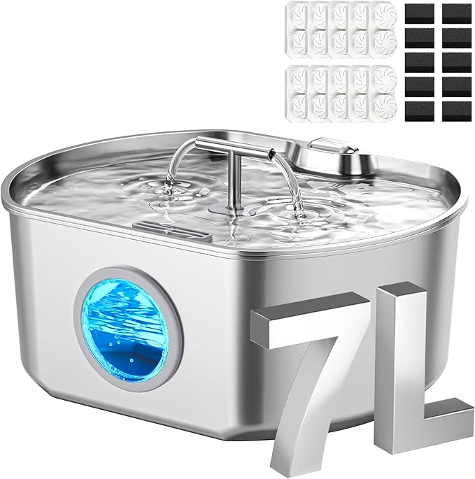 Cat Water Fountain Stainless Steel - Pet Drinking Fountain for Cats Indoor - 7L/236oz Automatic Water Dispenser with Watering Level Window (10 Filters)