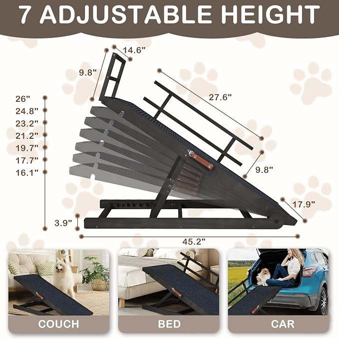 Adjustable Dog Ramp for Beds, Cars, Couches, Dog Steps Anti-Slip Surface, Dogs Ramps for Old Small Pet,High Traction with Platform, 7 Adjustable Heights 16" to 27" Up, Portable Stairs Design for Dogs