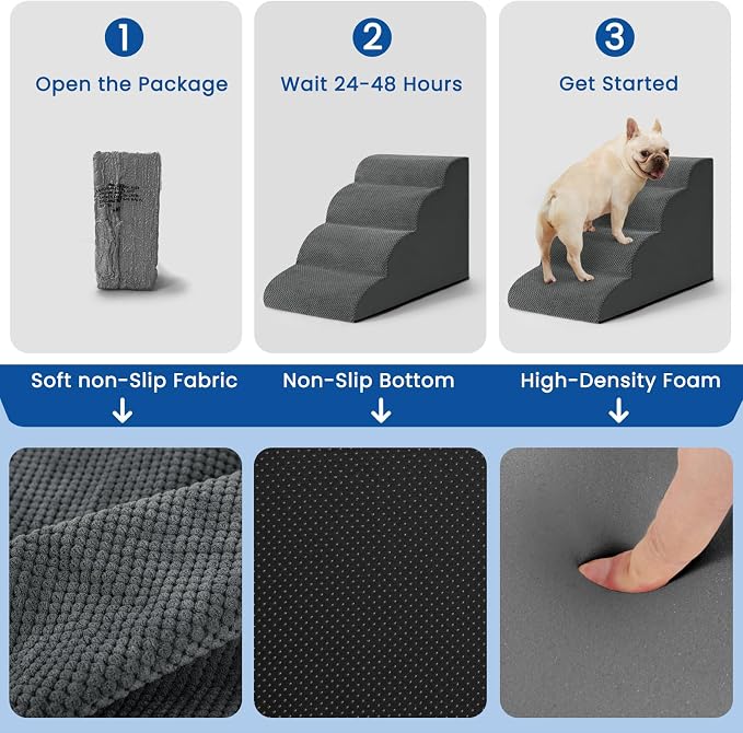 Airpanda Dog Steps for Bed, 4 Step Pet Stairs for Small and Medium Dogs, Non-Slip Dog Ramp with Washable Cover, High-Density Support Foam for Easy Climbing,Grey