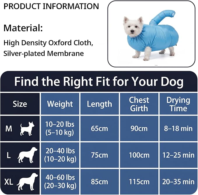 Dog Drying Bag, Hands-Free Pet Hair Drying Suit with 360° Air Circulation, Quick Dry Grooming Bag for Small Medium Large Dogs & Cats, Compatible with Blow Dryer (Size L, 20–40 lbs)