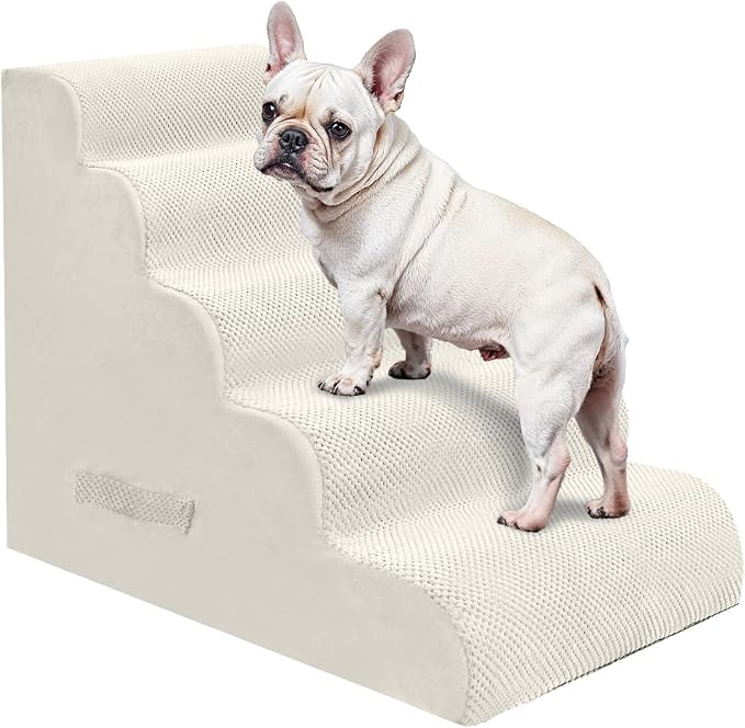 PAWSCRAT Pet Stairs for Dogs 5-Step, 22.8" H Pet Stairs for High Bed, Couch Sofa & Chair, 30D Material Soft Foam Dog Steps with Non-Slip Bottom Surface Removable Washable Cover, Beige