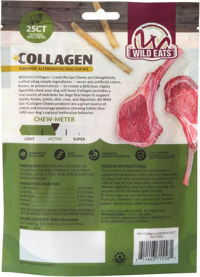 Wild Eats Lamb Collagen Sticks for Dogs (25 Pack, 0.6 cm Wide) Long Lasting Dog Chews No Hide Dog Treat Bully Stick Alternative, Rawhide Free, Grain Free, High Protein