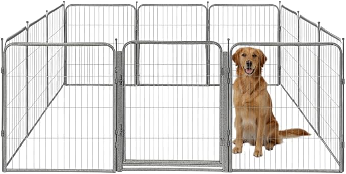 Indoor Dog Playpen - 32 inch, 12 Panels for Small and Medium Size Dogs - Play Pen w/Extra Wide Gate - Heavy Duty Metal Portable Pet Fence with Grey Anti-Rust Coating