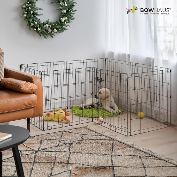 BOWHAUS Foldable Outdoor/Indoor Pet Playpen with Gate, Available in 24 Inch Height Metal Portable Kennel, Heavy-Duty Exercise Fence Cage 8 Panels for Small Dog, Animals