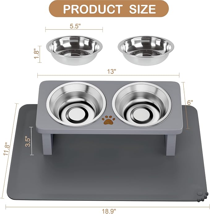 Elevated Cat Bowls, 15° Tilted Raised Cat Food Bowl with Solid Wood Stand & Stainless Steel Dishes, Cat Feeding Station with Silicone Mat, Helps Reduce Vomiting for Cats & Small Dogs(Slate Grey)