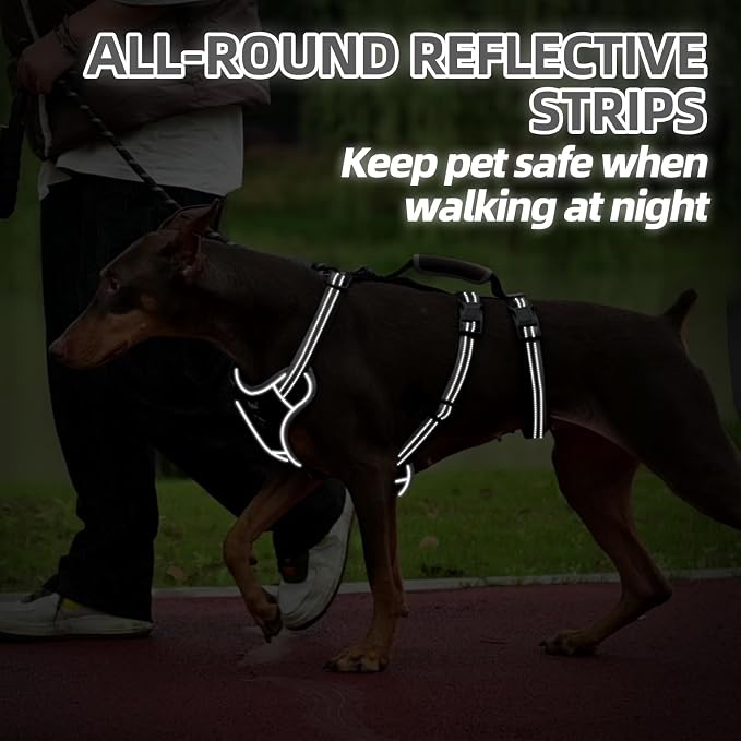 PUPTECK Escape Proof Dog Harness with Padded Handle, No Pull Pet Vest Harness Durable Reflective for Medium Large Dogs Walking Training and Running, Black, L