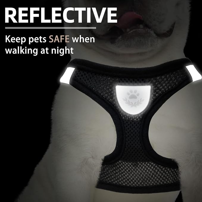 PUPTECK Adjustable Dog Harness Collar and Leash Set Step in No Pull Pet Harness for Small Medium Dogs Puppy and Cats Outdoor Walking Running, Soft Mesh Padded Reflective Vest Harnesses, Solid Black XS