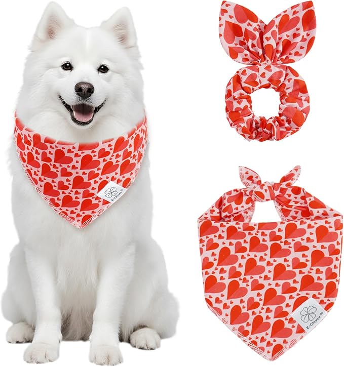 E-Clover Mother's Day Heart Dog Bandanas & Matching Scrunchie Set Cute Girl Dog Scarf, Large-set of 1, Medium, Red