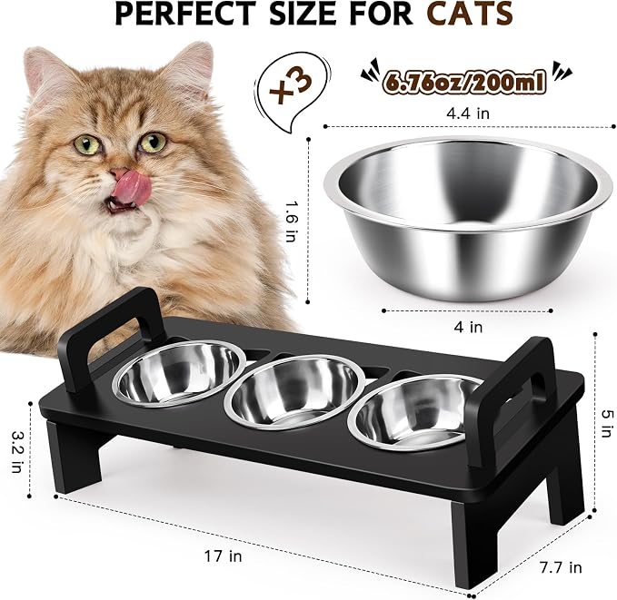 Bamboo Elevated Cat Bowls, 3 Stainless Steel Raised Cat Bowl with Stand, 15°Tilted Cat Feeding Station, Cat Food and Water Bowl Set for Small Cats, Anti Vomitting, Whisker Fatigue (Black)