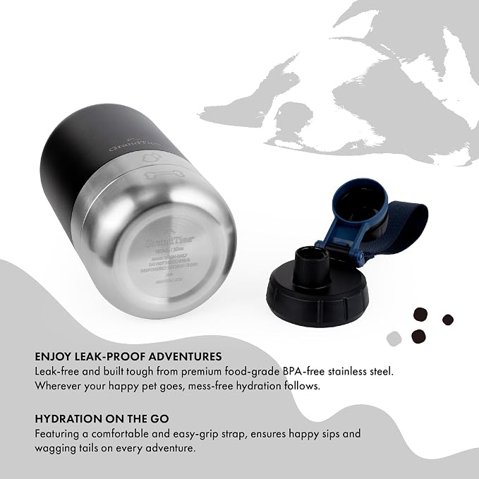 GrandTies Insulated Portable Dog Water Bottle with 2 Detachable Bowls, 32oz, Matte Black