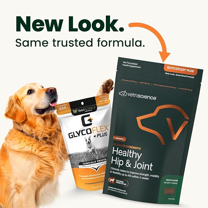 VetriScience Ultimate Strength Healthy Hip & Joint Chews, GlycoFlex Glucosamine, Chondroitin and Green-Lipped Mussel Joint Supplement for Small Breed Dogs, Soothe Joint Discomfort, Duck, 60 Count
