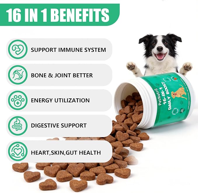 Dog Vitamins and Supplements, 16 in 1 Multivitamins Essential Dog Vitamin Minerals Chewable with Omega-3 Fish Oil Glucosamine Probiotics for Pet Hip Joint Skin Coat Digestion Health, 120 Chews