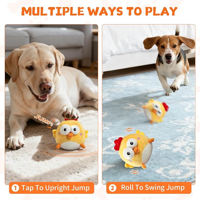 Interactive Dog Toy Ball, Upgrade Automatic 1.5H Jumping Ball with Motion Activation for Small Large Dogs, 2 in 1 Rechargeable Move Plush Toy Pets Keep Busy, No Music (Yellow Chicken)