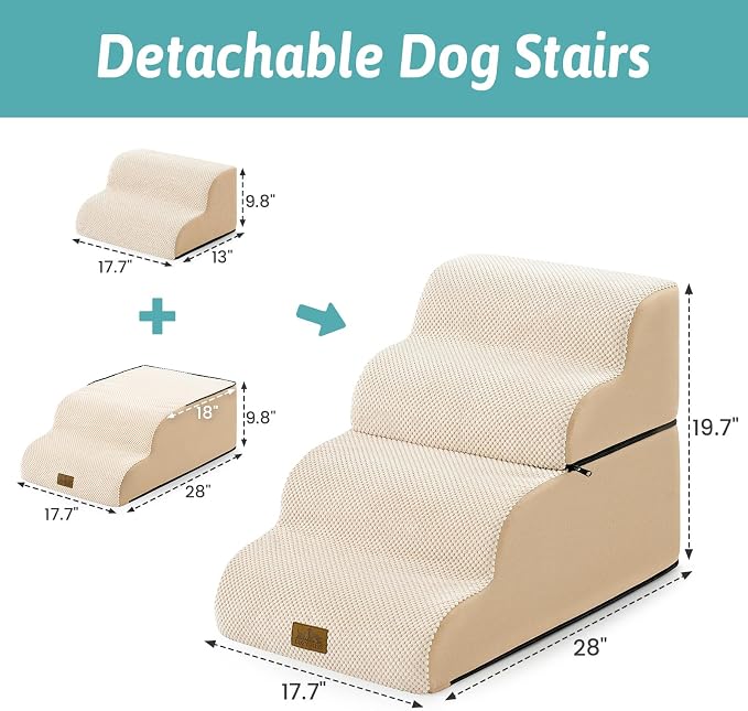 COZY KISS Detachable Dog Stairs for Small Dog 19.7" H, Pet Step for Bed | Curved Stable Pet Ramp for Puppy, Older Cat, Senior, Medium, Short-Legged Dog, 4 Step Non-Slip Ladder, Beige
