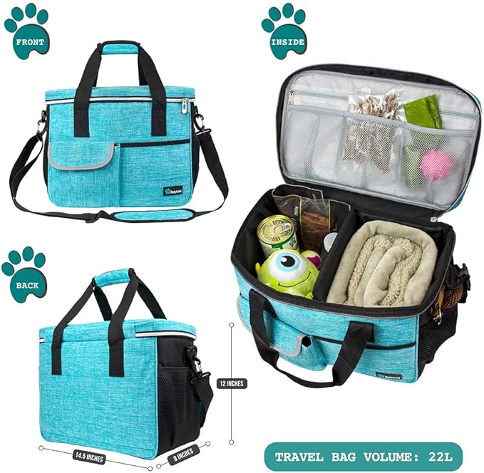 PetAmi Dog Travel Bag Organizer with Food Container & Bowls, Sea Blue, Medium