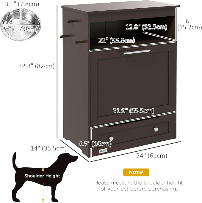 PawHut Dog Feeding Station with Raised Bowls, Dog Food Storage Cabinet with Hanger for Feeding & Watering Supplies, Pet Feeder Station, Brown