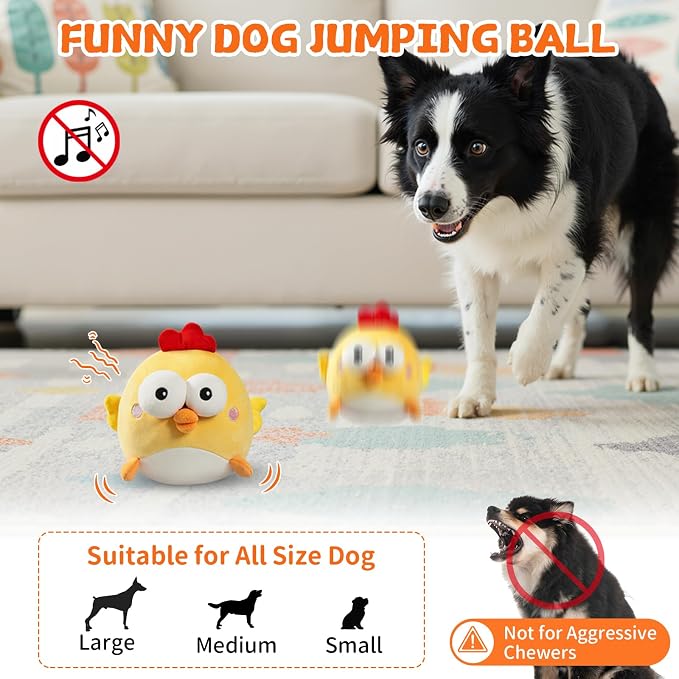 Interactive Dog Toy Ball, Upgrade Automatic 1.5H Jumping Ball with Motion Activation for Small Large Dogs, 2 in 1 Rechargeable Move Plush Toy Pets Keep Busy, No Music (Yellow Chicken)