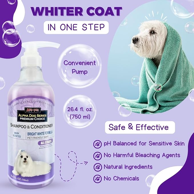 Bright White Natural Whitening Dog Shampoo and Conditioner for Dogs with Aloe Vera, pH Balanced Dog Shampoo and Conditioner Set, Tear-Free for Sensitive Skin 26.4 Oz (Pack of 2)