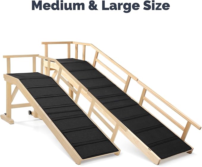 Dog Ramp for Bed or Couch, Wooden Pet Ramp with 20° Gentle Slope, Removable Side Rails, Non-Slip Surface, Top Platform & Wheels, Safe Bed Ramp for Small, Large & Senior Dogs, 60" Long, Natural