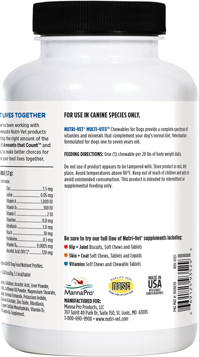 Nutri-Vet Dog Multivitamin, Daily Multivitamin for Dogs, 180 Count | Daily Multivitamin, Dog Vitamins, Dog Vitamins & Supplements, Immune Support, Balanced Nutrition, Overall Pet Health