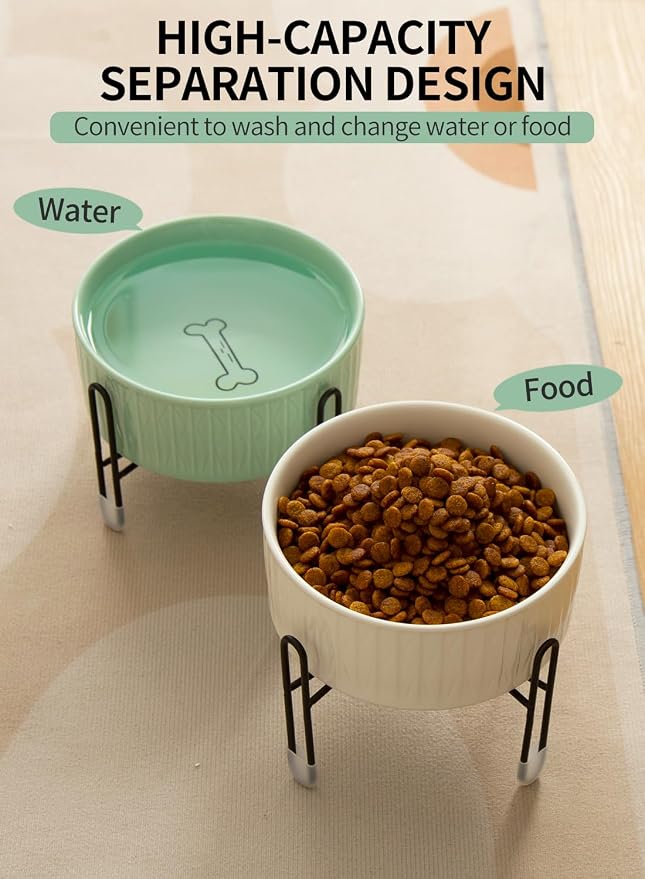 32 OZ Ceramic Dog Cat Bowls with Elevated Metal Stand, 2 Heights Elevated, 6.5 Inch Ceramic Round Pet Food and Water Feeder Bowl Dish for Cats & Dogs, White & Green
