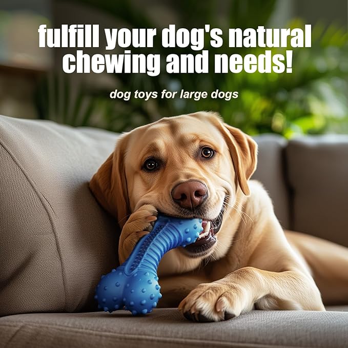 Dog toys for Aggressive Chewers Rubber- This Large, Tough and Heavy Bone with Natural Bacon Flavor are Excellent Dog Chew Toys for Large Dogs to Care Their Teeth Dental, Relief Boredom, Blue