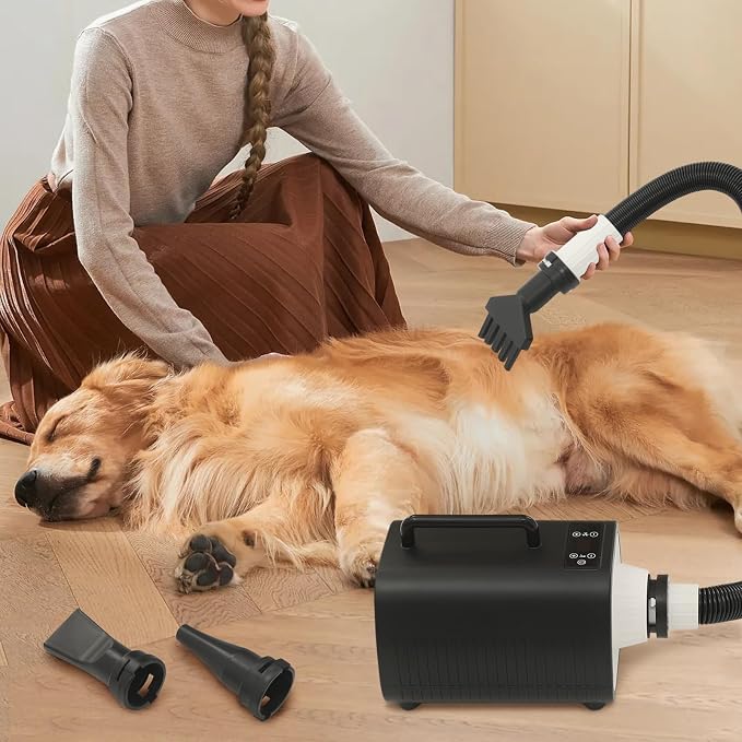 Pet Hair Dryer 2100W Adjustable Speed Temperature for Dogs Cats Home Use | Adjustable 1-9 speed/temperature – 2100W motor, 120000rpm – ABS housing – insulated handle – overheat protection – 3 nozzles