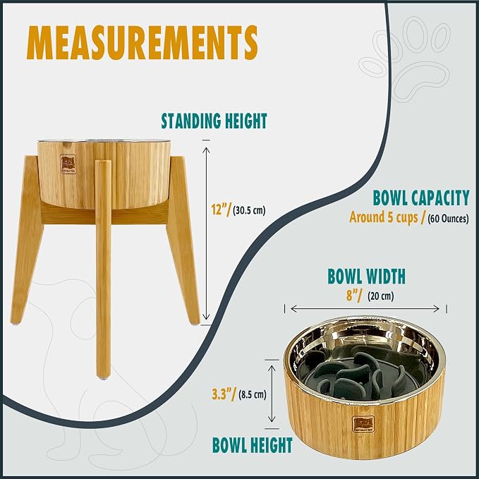 Elevated Slow Feeder Dog Bowls Large Breed - (12-inch-high) - Raised Bowl with Anti-Choking Insert - Stainless Metal and Bamboo