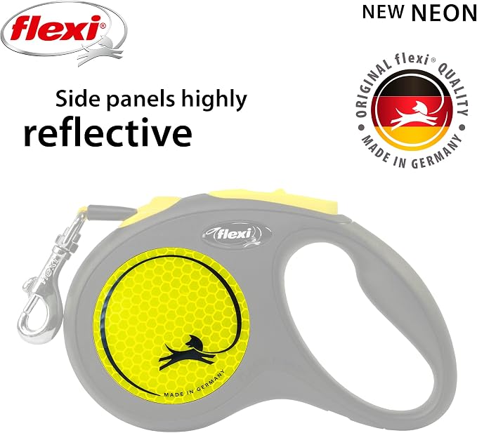 FLEXI® Neon Tape Retractable Dog Leash, Small, 16 ft - Neon Yellow/Black | German engineered, original flexi leash, durable quality for dogs up to 33 lbs, tangle-free, walking, reliable brake system