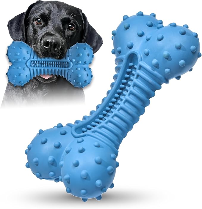 Dog toys for Aggressive Chewers Rubber- This Large, Tough and Heavy Bone with Natural Bacon Flavor are Excellent Dog Chew Toys for Large Dogs to Care Their Teeth Dental, Relief Boredom, Blue