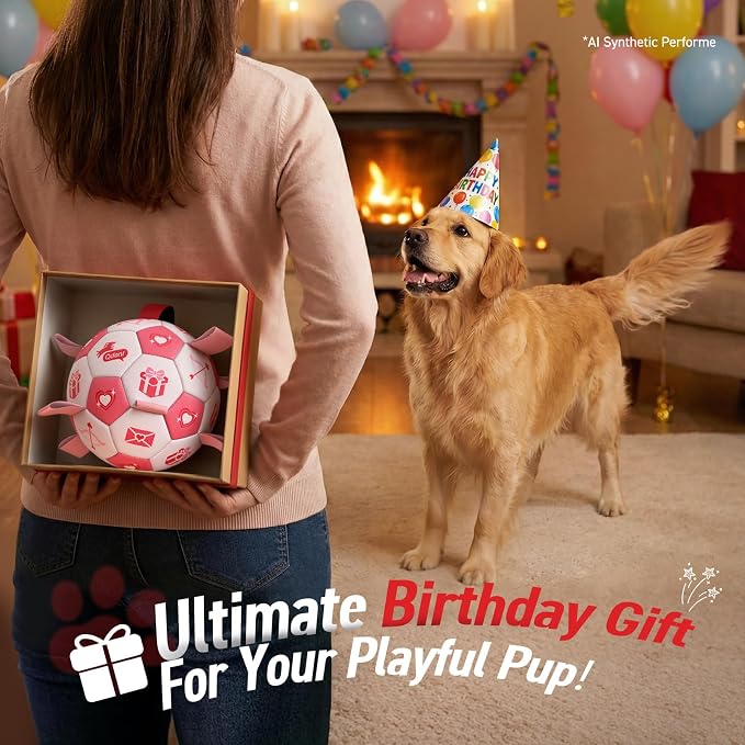 QDAN Dog Birthday Toys, Pink Soccer Ball with Straps, Interactive Tug of War Toy, Puppy Birthday Gifts, Water Toy, Durable Dog Balls for Medium Large (8 Inch)