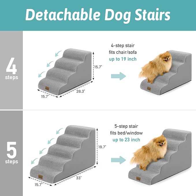 COZY KISS Dog Stairs for Small Dogs, 5 Step Pet Stairs for Beds & Couches | 19.7" H Curved Non-Slip Foam Dog Steps with Washable Cover for Puppies, Older Cats & Small Dogs, 15.7x33x19.7 in, Gray