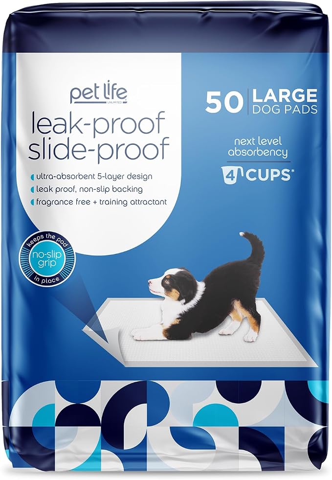 Pet Life Unlimited Leak-Proof Slide-Proof Puppy Pads for Dogs, Potty Training Pee Pads, 50 Count, Size Large, 22"x 22", Super Absorbent Quick-Dry with Odor-Control, Sweet Bluegrass Scent, Made in USA