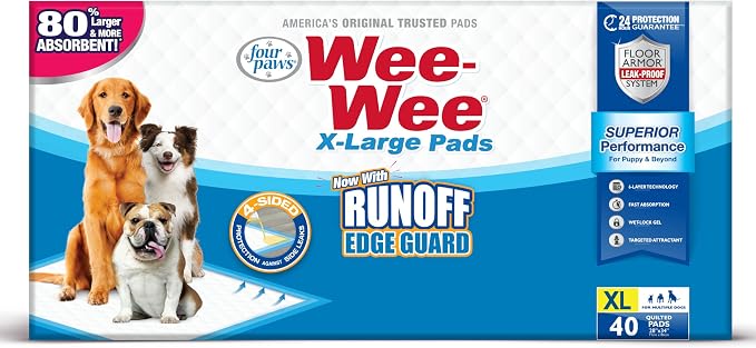 Four Paws Wee-Wee Superior Performance Pee Pads for Dogs with Runoff Barrier Edge Guard Protection, Puppy & Dog Potty Training Pads, Housebreaking Supplies, 28" x 34" (75 Count)