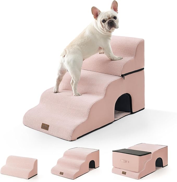 COZY KISS Small Dog Stairs with Tunnel, 5 Step Pet Ramp for High Bed | Curved Stable Dog Step for Puppy, Older Cat, Senior, Medium, Short-Legged Dog, Non-Slip Ladder for Car, 22.4" H, Pink