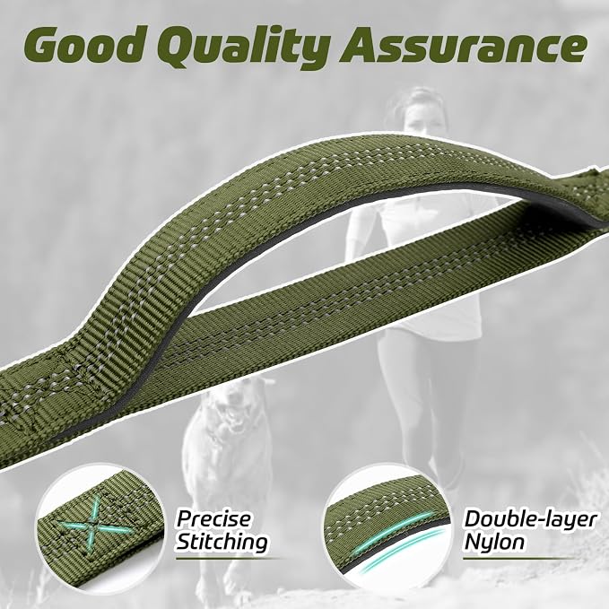 rabbitgoo Tactical Dog Leash, Heavy Duty Training Bungee Lead | Military Leash with 2 Padded Control Handles for Medium Large Dogs, No Pull for Shock Absorption, Reflective, Green, 5.2FT