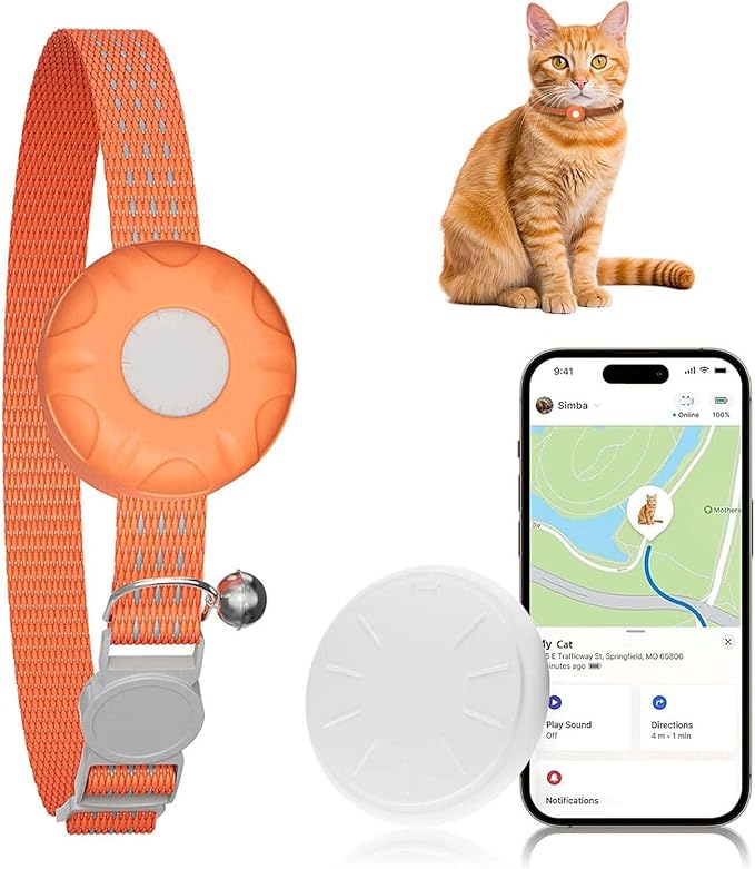 Cat Tracker, GPS Tracker Compatible with Apple Find My App(Only iOS), Waterproof Cat Tracker Collar with Bell and Safety Elastic Buckle, No Monthly Fee, Territory & Location History (Orange)