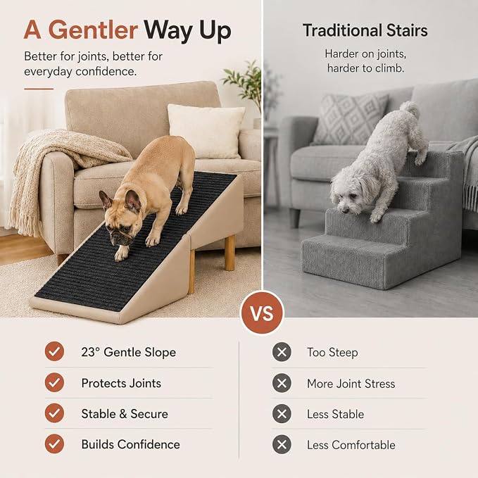 Dog Ramp for Couch, 16" H × 16" W 2-in-1 Split Ottoman Dog Stairs, Foldable Wooden Pet Ramp with 23° Gentle Incline & Non-Slip Surface, Pet Steps for Senior Small Medium Large Dogs (Off-White)