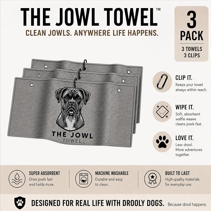 Security Sensor Spacers Dog Drool Towel – Absorbent Microfiber Drool Catcher, Collar & Leash Attachment, Convenient Drool Bib Alternative for Boxer Dogs (3 Pack)